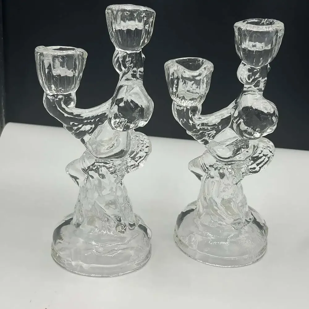 Vintage Clear Glass Cherub Angel 2 Arms Candle Holder Set of 2 - ,Beautiful